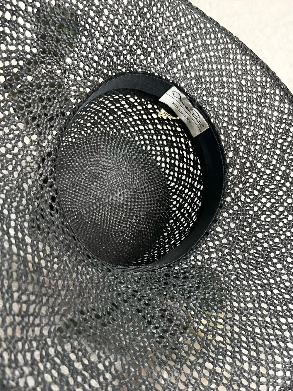 Vintage Oscar de la Renta Black Structured Straw Hat with White Rose Fascinator